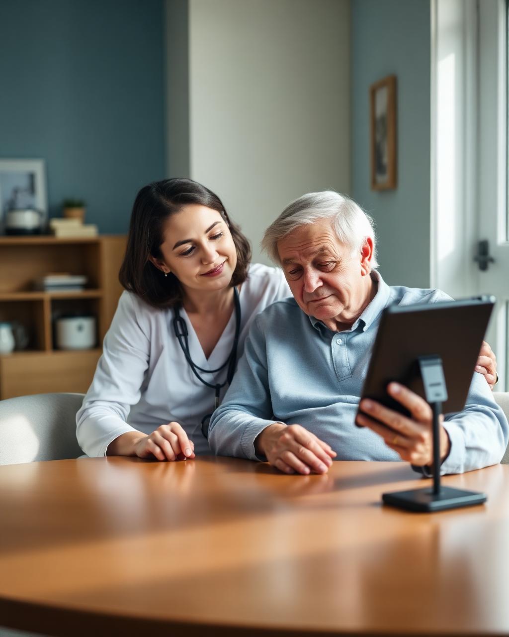 Logopediste oefent samen met een cliënt op een tablet met NexoraVox